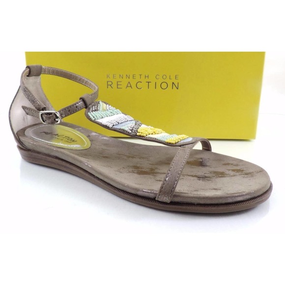 Women's Kenneth Cole Reaction Bon Net T3 Beaded T-Strap Sandals Taupe Size 8.5 - Picture 1 of 10